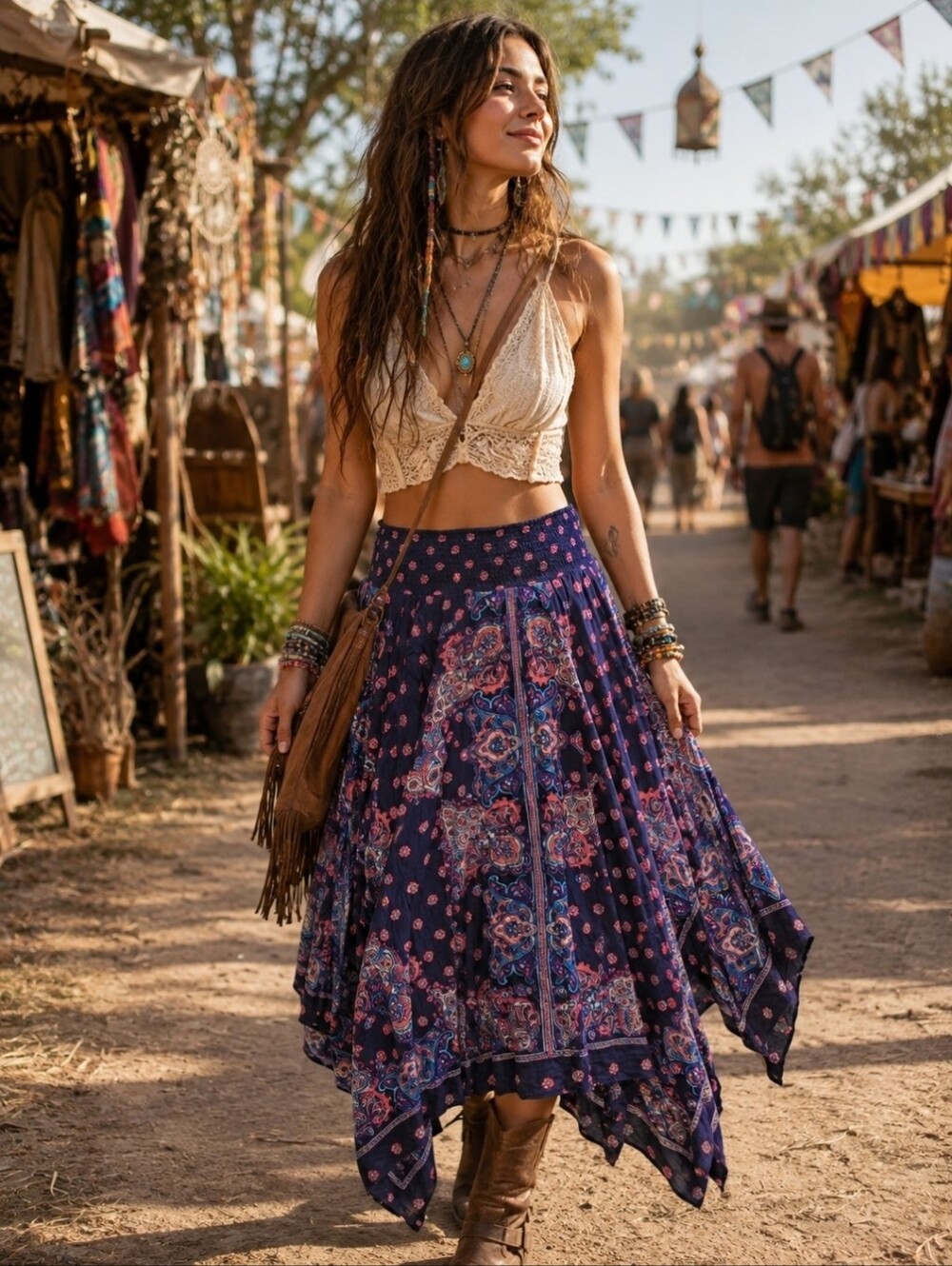 Free People Navy Paisley Handkerchief Hem Smocked Waist Bohemian Skirt Medium